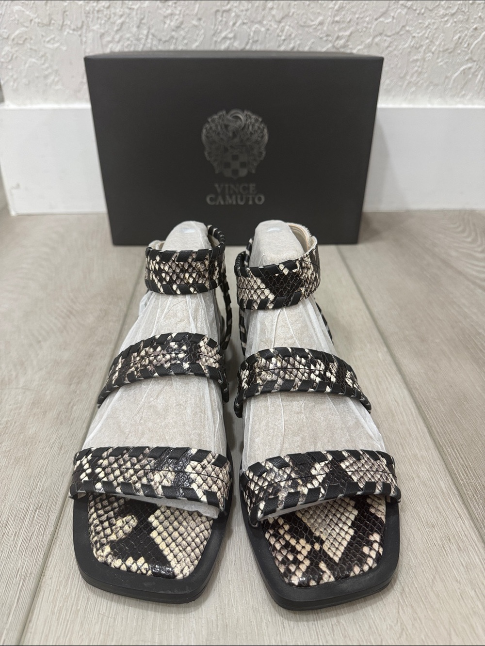 Vince Camuto Black & Beige Snake-Print Strappy Flat Sandals - Picture 2 of 6